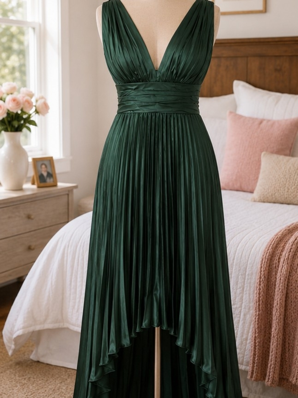 Women's Size 16 Emerald Green Satin Pleated Maxi Dress Deep V-Neck